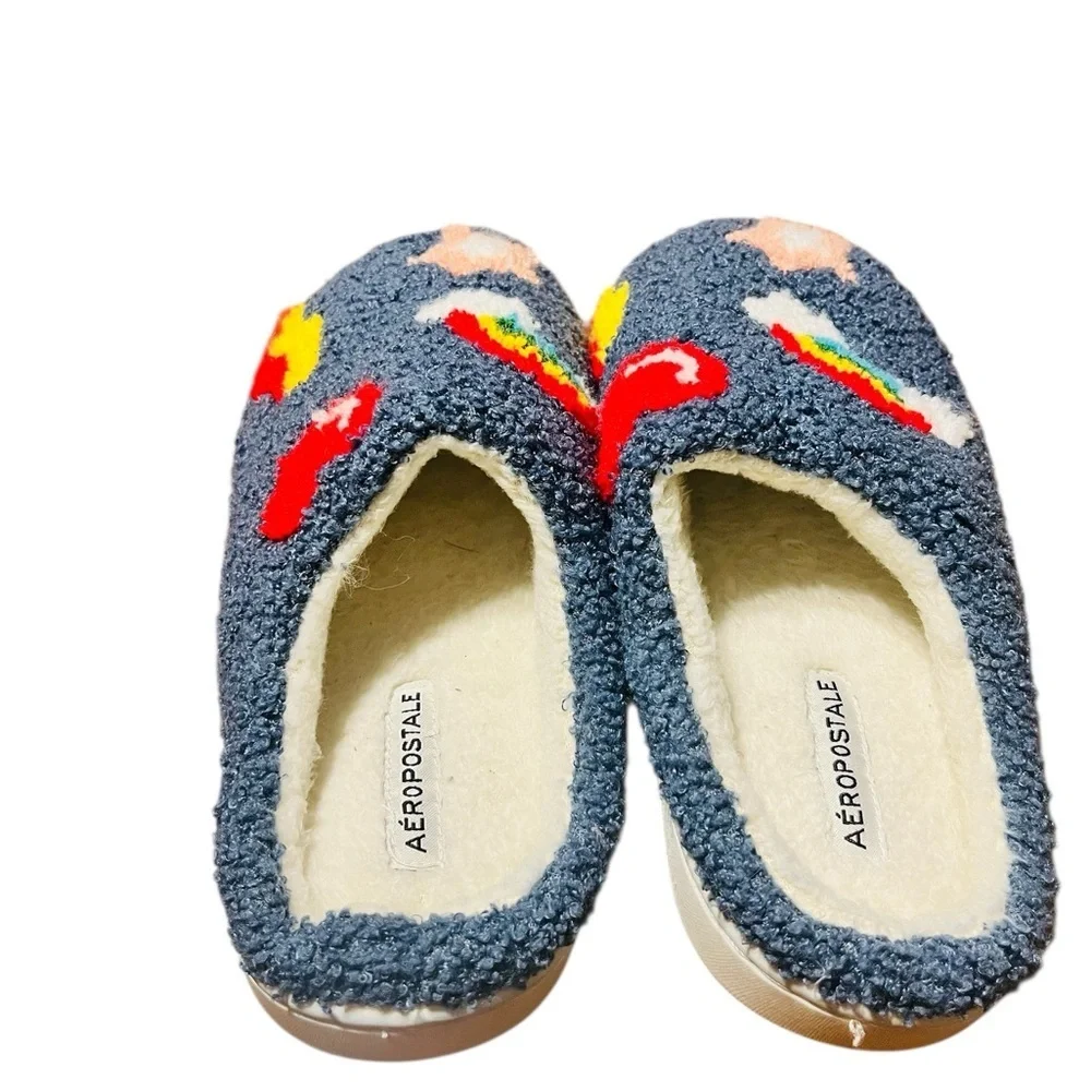 Aeropostale Fuzzy Slippers with Rainbow and Star Design